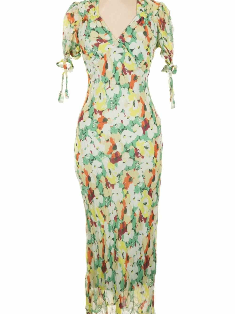 Anthropologie Floral Tie-Sleeve Midi Dress in Green, Yellow & Orange